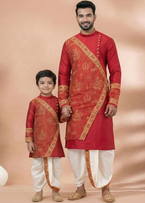 Red Viscose Kurta Dhoti Father Son Combo Set