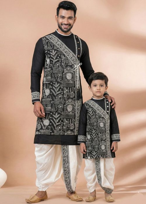 Black Viscose Kurta Dhoti Father Son Set