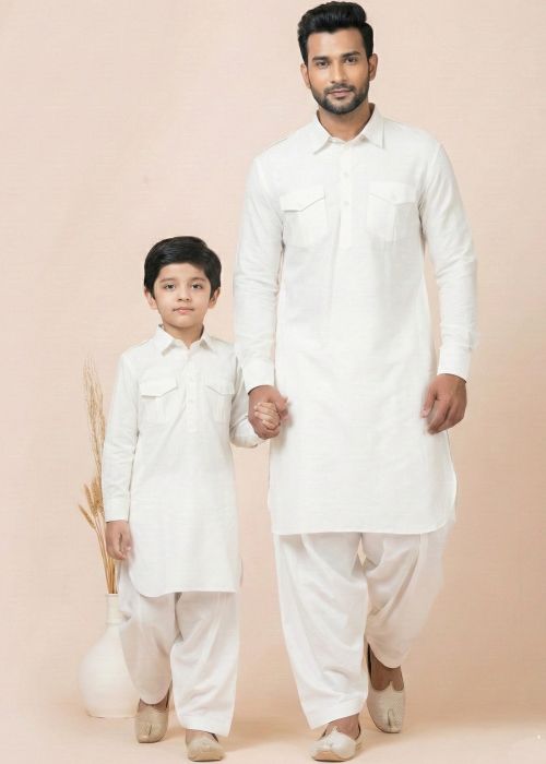 White Pathani Suit Father Son Matching Set