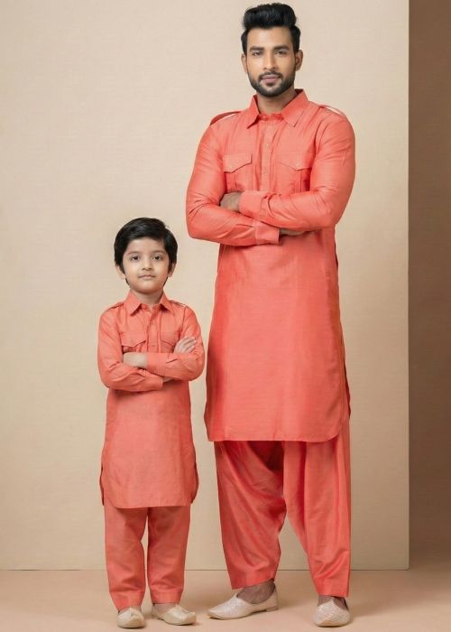 Coral Peach Pathani Suit Father Son Duo
