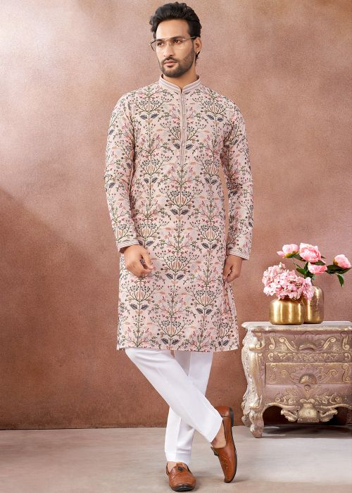 Peach Art Silk Kurta Pant With Floral Thread Work