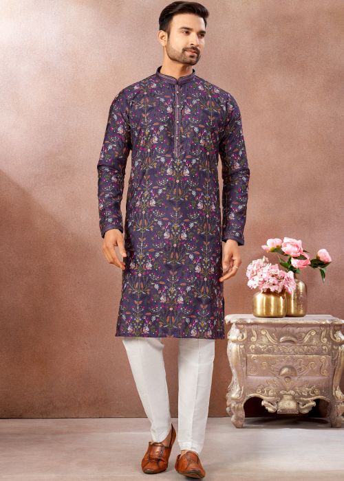 Purple Art Silk Kurta Pant With Floral Thread Work