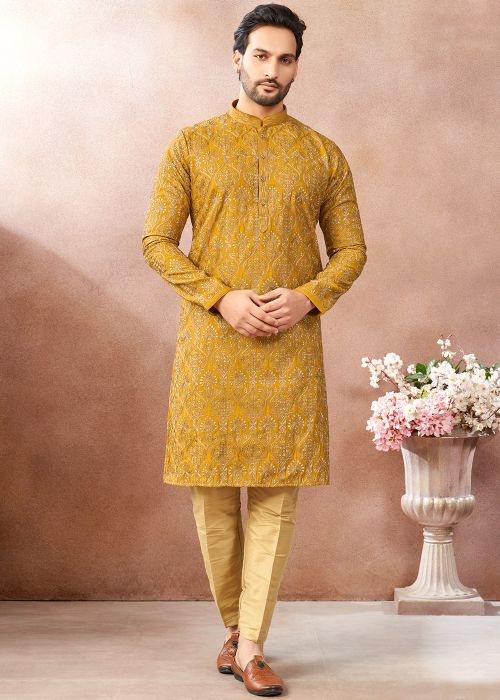 Yellow Art Silk Kurta Pant With Thread Embroidery