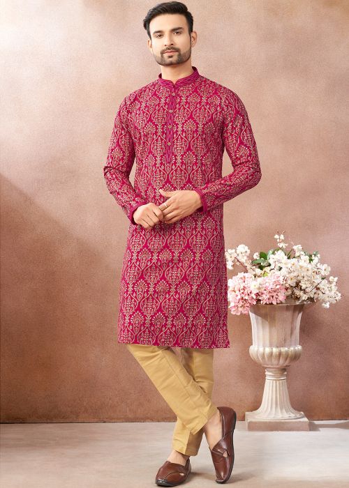 Pink Art Silk Kurta Pant With Thread Work