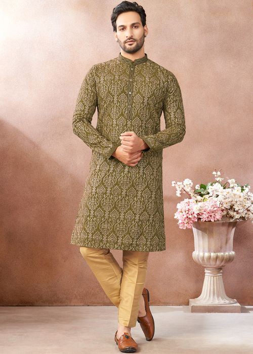 Green Art Silk Kurta Pant With Thread Work