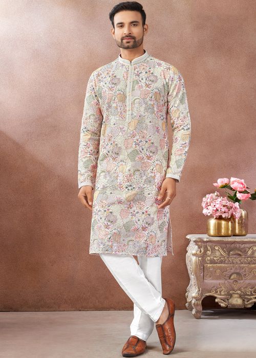 Cream Art Silk Kurta Pant With Thread Work
