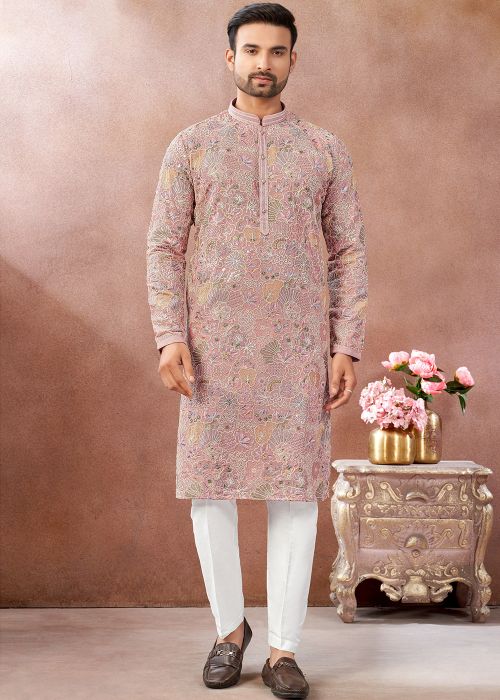 Pink Art Silk Kurta Pant With Thread Work