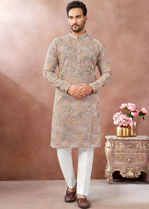 Beige Art Silk Kurta Pant With Subtle Thread Work
