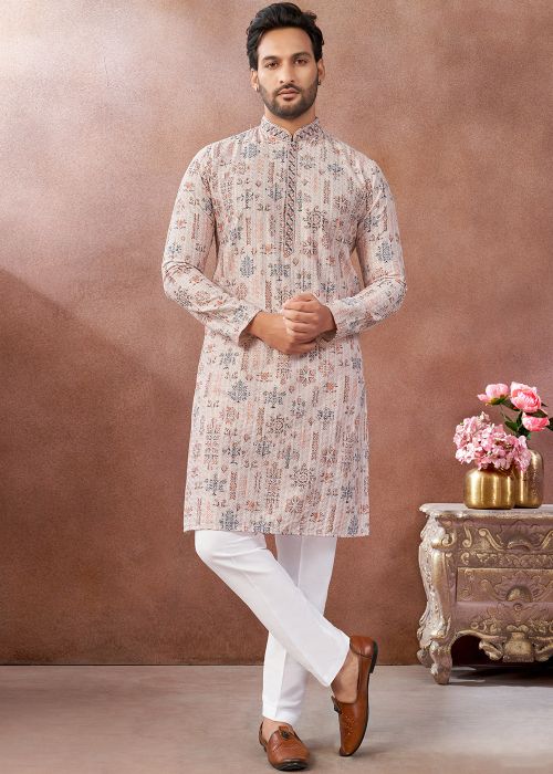 Peach Art Silk Kurta Pant With Thread Accents