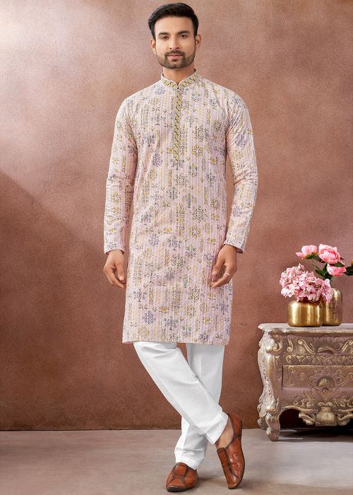 Peach Art Silk Kurta Pant With Delicate Thread Work