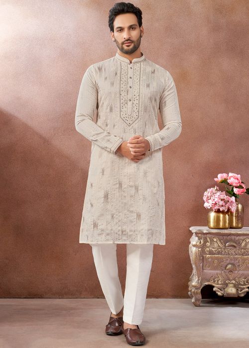 Cream Chanderi Kurta Pant With Minimal Mirror Work