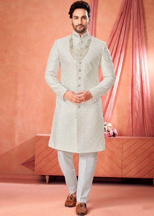 Off White Art Silk Sherwani Set With Thread Work