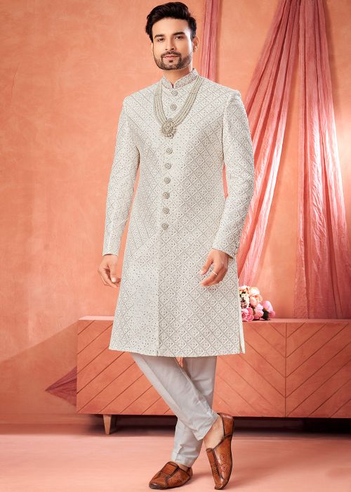 Off White Art Silk Sherwani Set With Geometric Embroidery