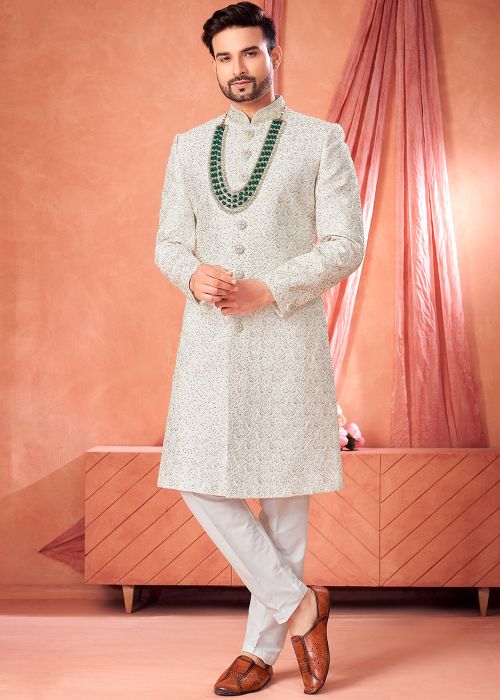 Off White Art Silk Sherwani Set With Floral Thread Work