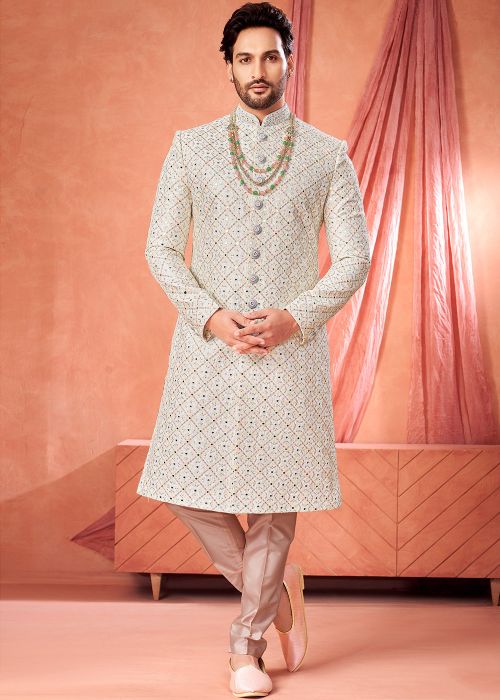 Off White Art Silk Sherwani Set With Diamond Pattern Work