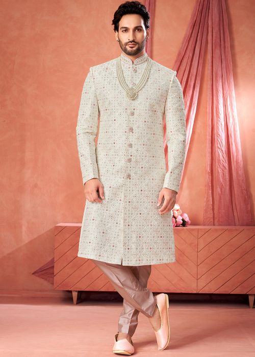 Off White Art Silk Sherwani Set With Thread Accents