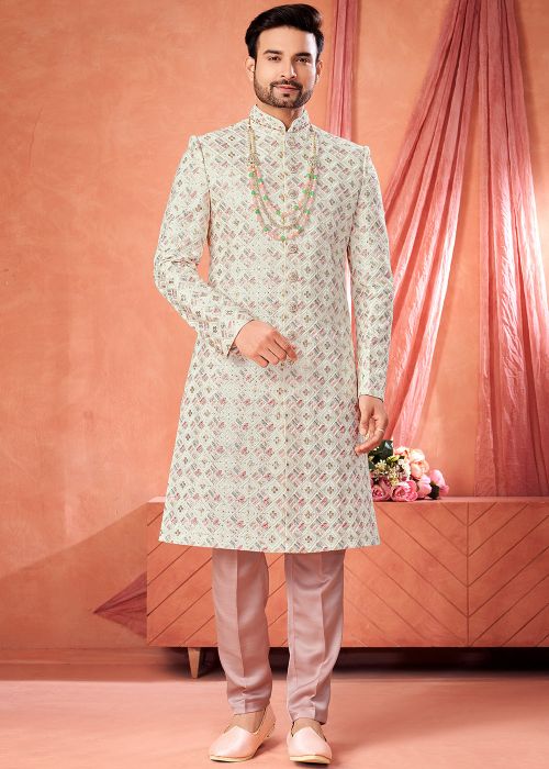 Off White Art Silk Sherwani Set With Thread Work