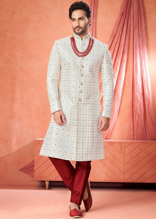 Off White Art Silk Sherwani Set With Thread Motifs