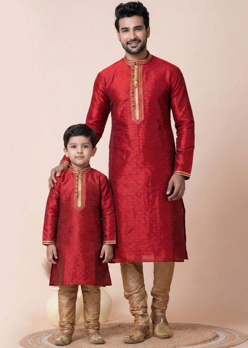 Red Woven Silk Kurta Pajama Father Son Combo