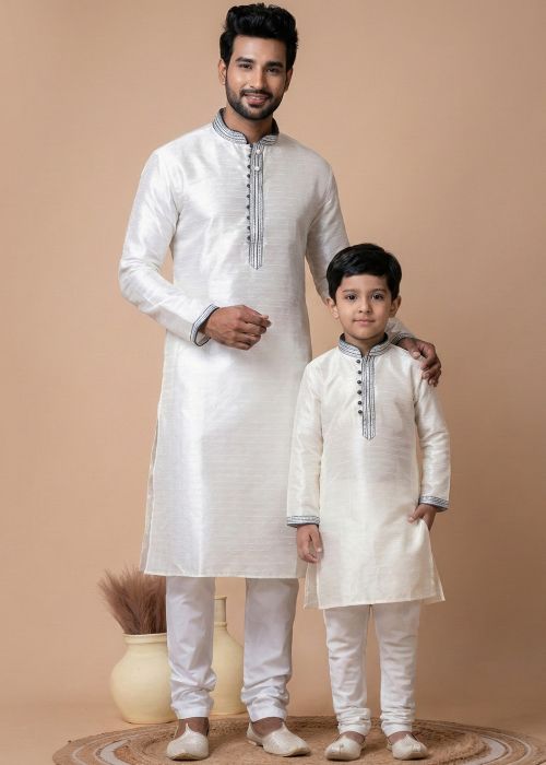 White Silk Father Son Combo Kurta Pajama Set