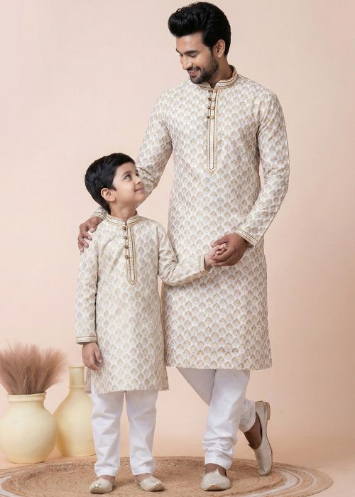 Beige Printed Cotton Kurta Pajama Father Son Combo