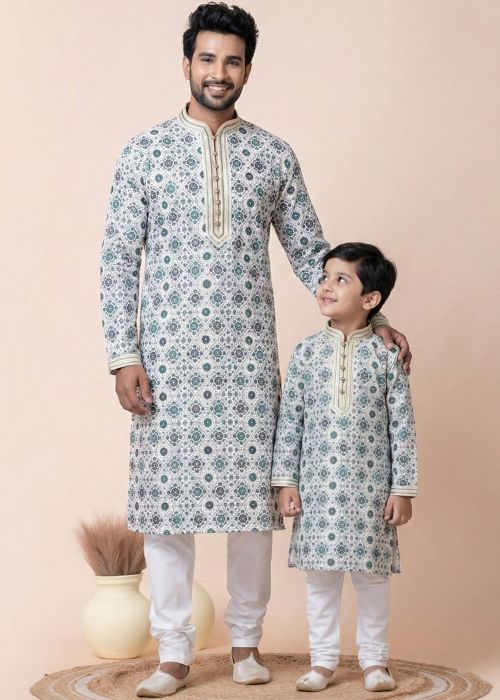 Blue Printed Father Son Combo Kurta Pajama