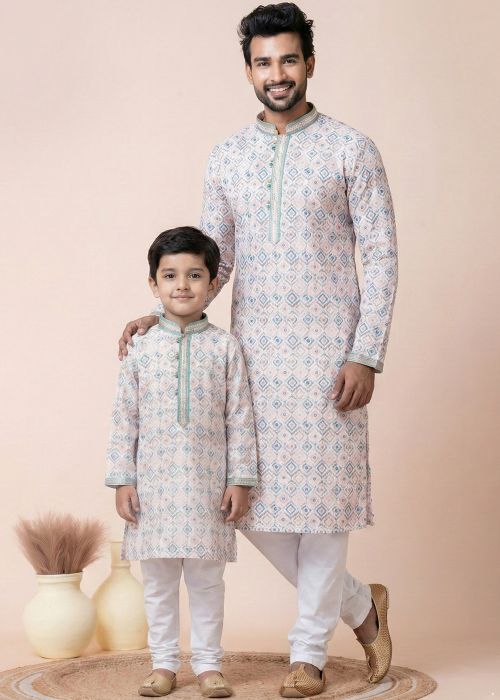 Peach Printed Cotton Kurta Pajama Combo Set