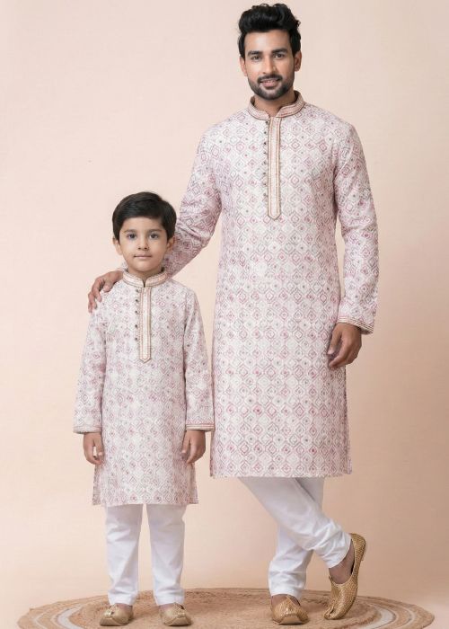 Pink Printed Father Son Combo Kurta Pajama Set