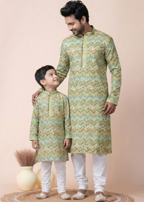 Green Father Son Printed Kurta Pajama Combo Set