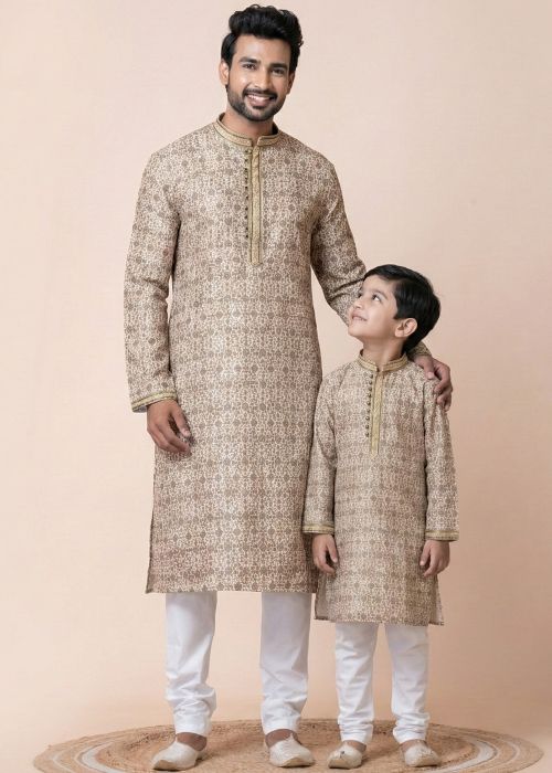 Brown Printed Father Son Combo Kurta Pajama