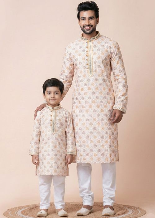 Cream Printed Cotton Father Son Kurta Pajama