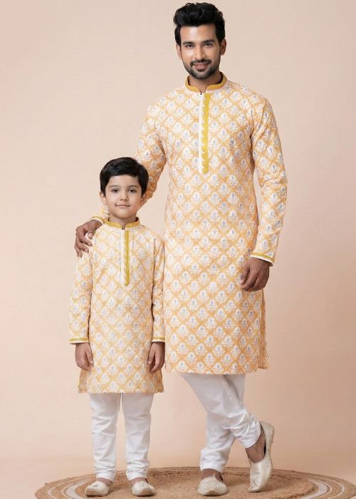 Yellow Printed Cotton Father Son Kurta Pajama