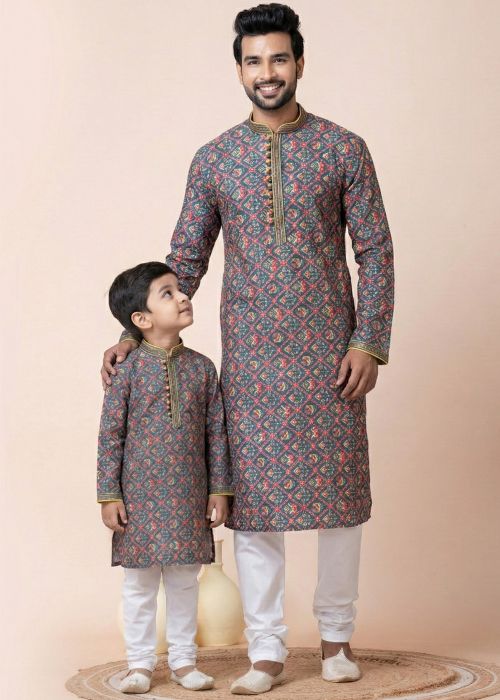Blue Printed Cotton Father Son Kurta Pajama