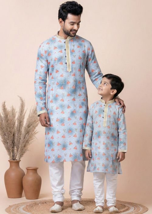 Light Blue Printed Cotton Father Son Kurta Pajama