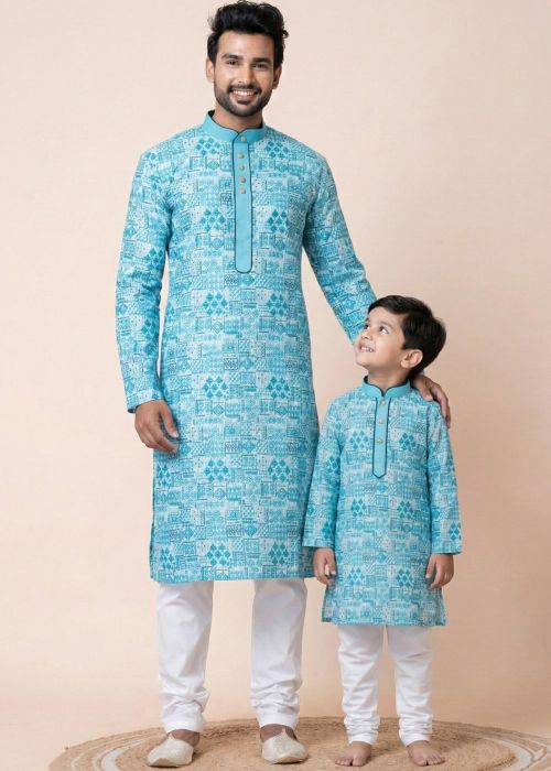 Blue Printed Cotton Father Son Kurta Pajama