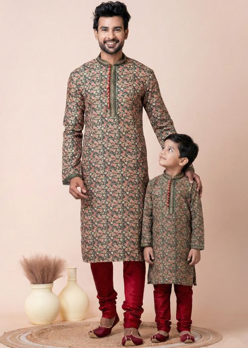 Green Printed Cotton Father Son Kurta Pajama
