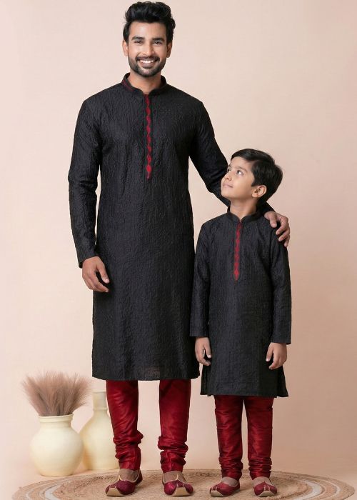 Black Cotton Father Son Kurta Pajama Set