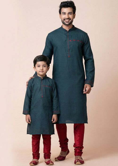 Dark Teal Blue Cotton Father Son Kurta Pajama