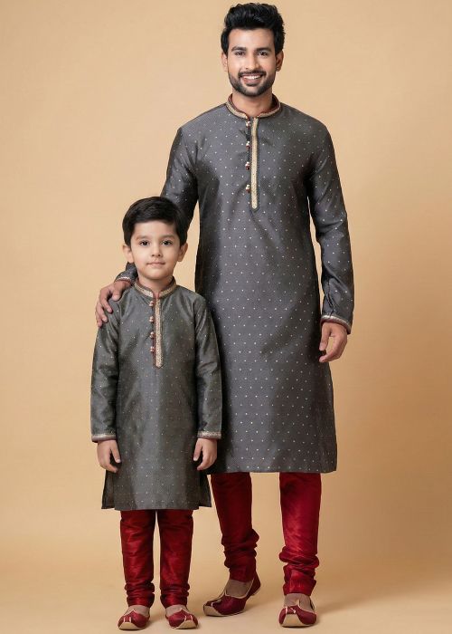 Grey Printed Art Silk Father Son Kurta Pajama