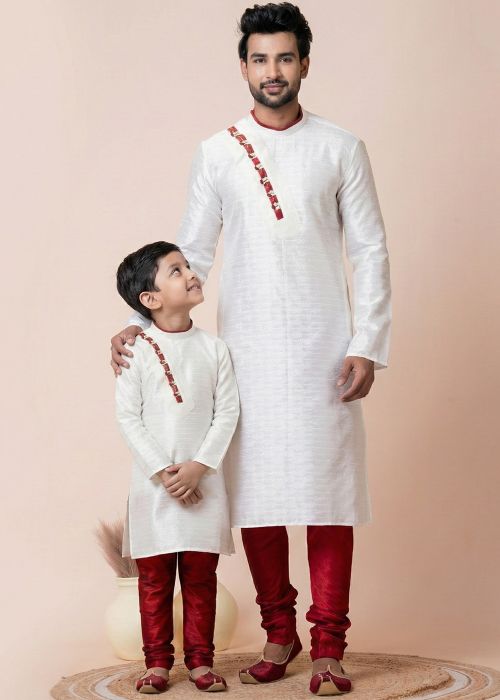 White Silk Father Son Combo Kurta Pajama