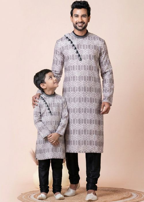 Grey Printed Father Son Kurta Pajama Combo Set