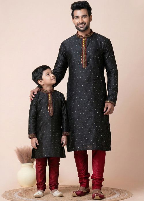 Black Printed Father Son Kurta Pajama Combo