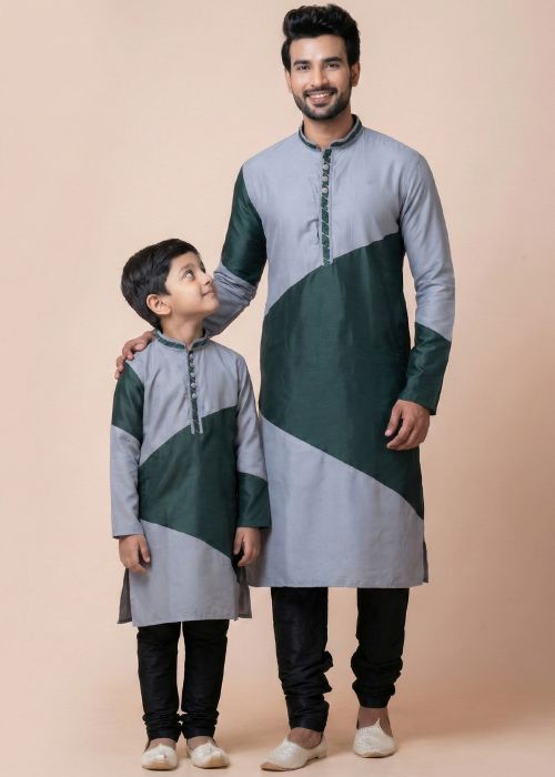 Grey Viscose Father Son Combo Kurta Pajama