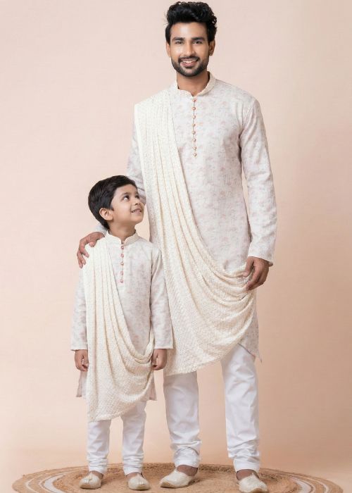 Off White Printed Father Son Kurta Pajama Set