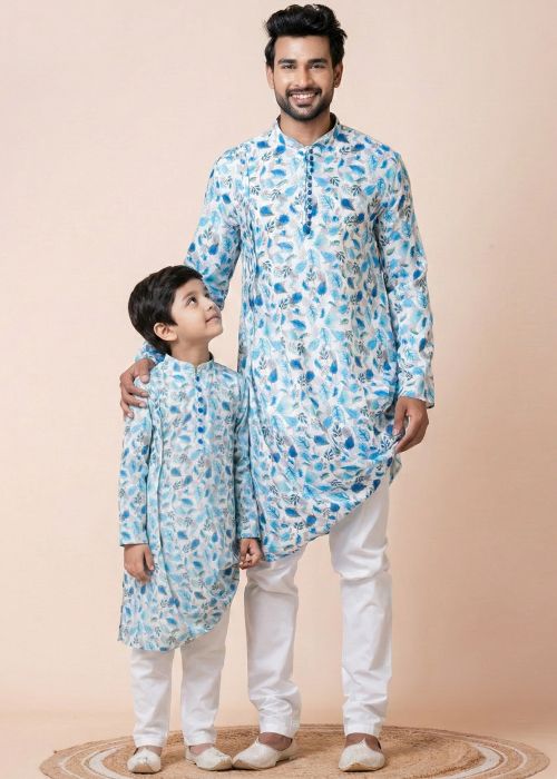 Blue Cowl Style Printed Father Son Kurta Pajama Set