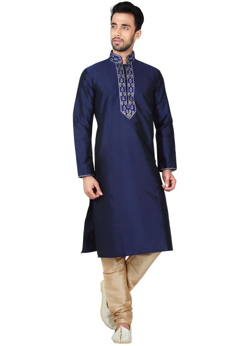 Readymade Navy Blue Art Silk Kurta Pyjama Set