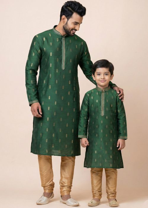 Green Jacquard Father Son Combo Kurta Pajama Set
