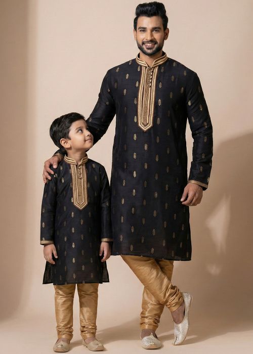 Black Woven Father Son Kurta Pajama Combo Set