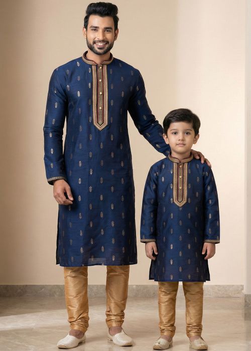 Navy Blue Woven Jacquard Father Son Combo Set
