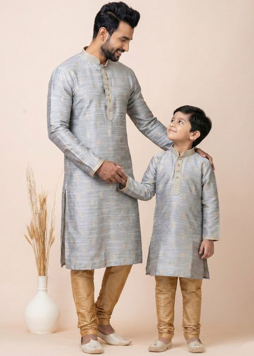 Grey Father Son Combo Set With Woven Work